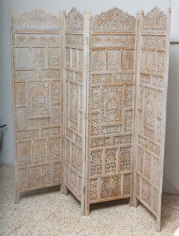 Indonesian 60's Whitewashed Hand-Carved Teak Screen