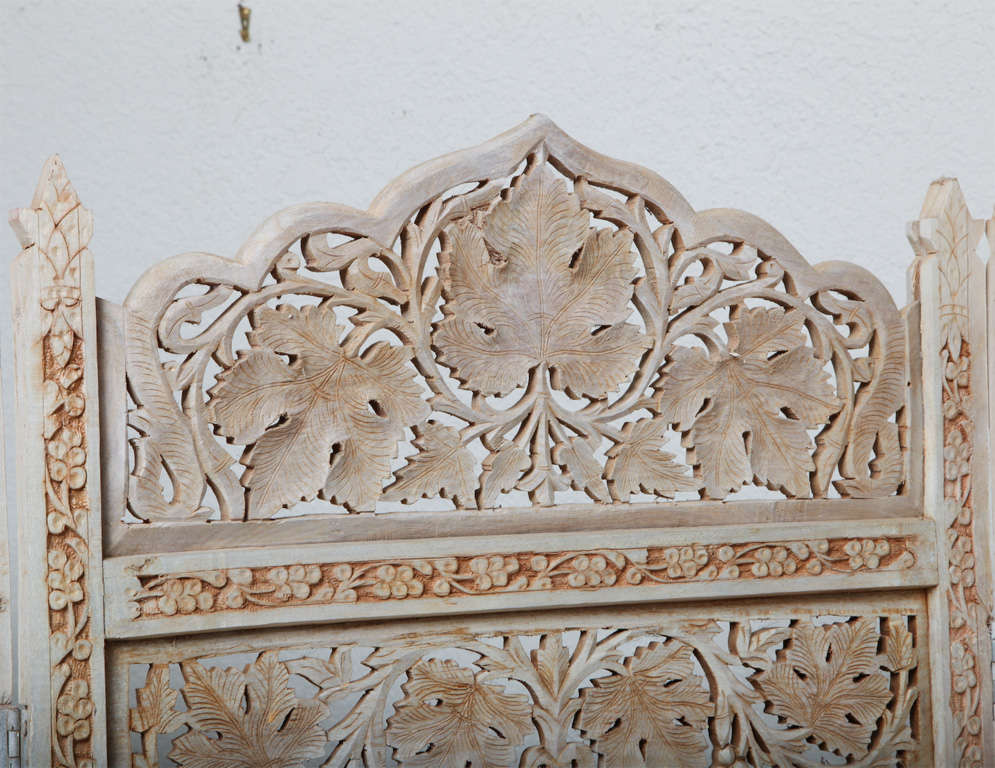 60's Whitewashed Hand-Carved Teak Screen In Excellent Condition In North Miami, FL