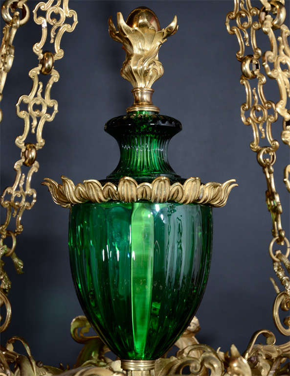 English William IV gilt bronze and emerald green crystal chandelier For Sale