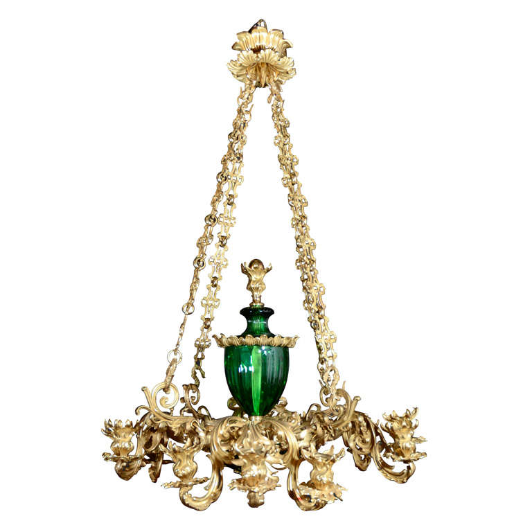William IV gilt bronze and emerald green crystal chandelier For Sale
