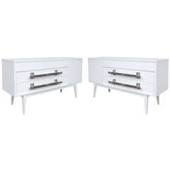 Pair of Swanky White Lacquered Credenzas with Bold Drawer Pulls