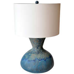 Midcentury Massive Danish Blue Ceramic Lamp with Custom Shade