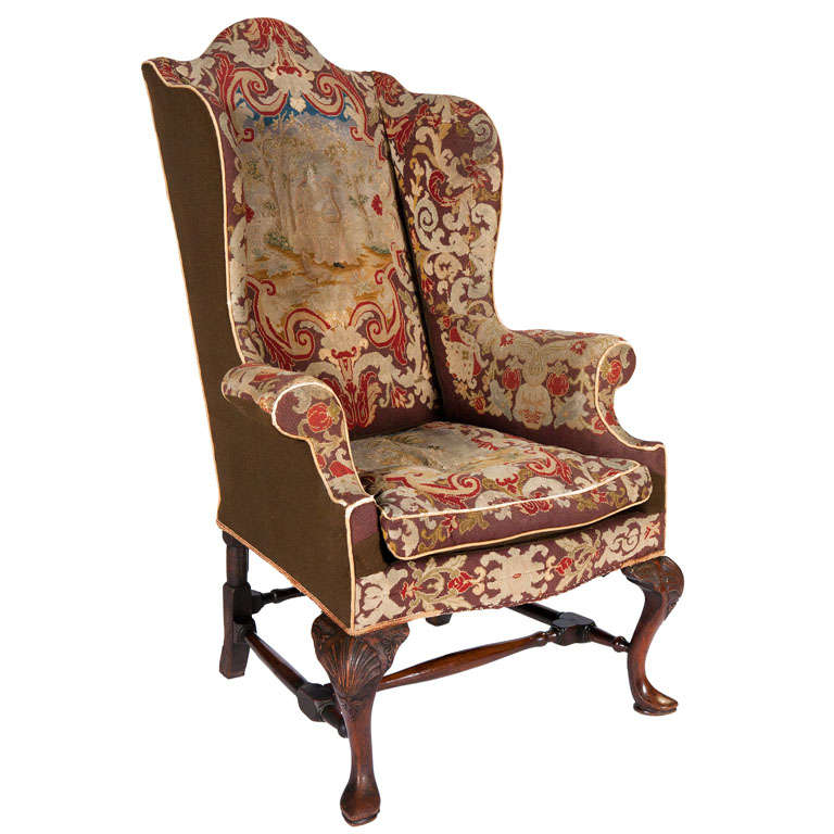 18th Century Queen Anne Walnut Wing Chair With Tapestry Covering