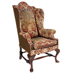 Antique 18th Century Queen Anne Walnut Wing Chair With Tapestry Covering