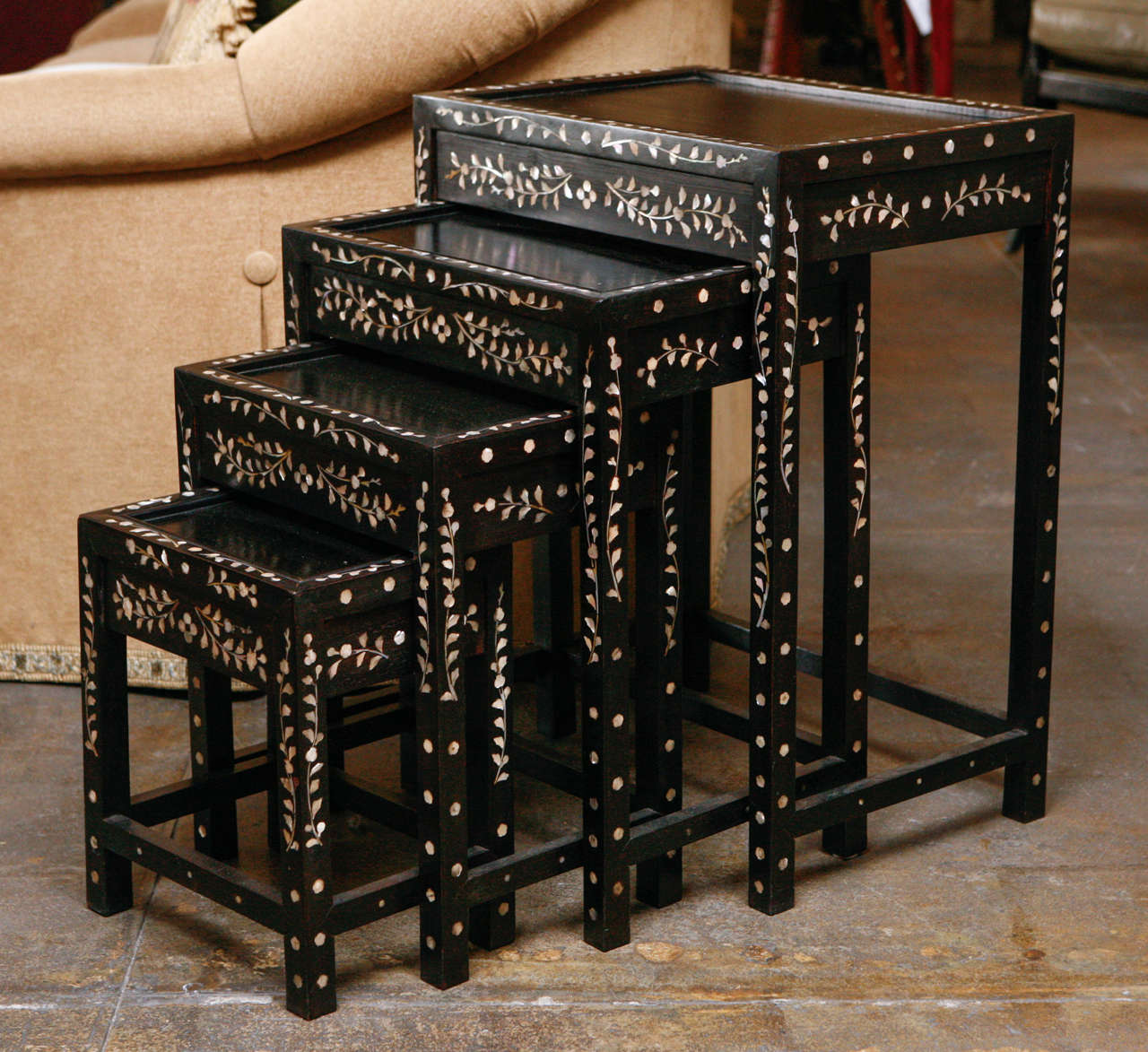 Set of 3 Ebony Nesting Tables with Mother of Pear Inlay