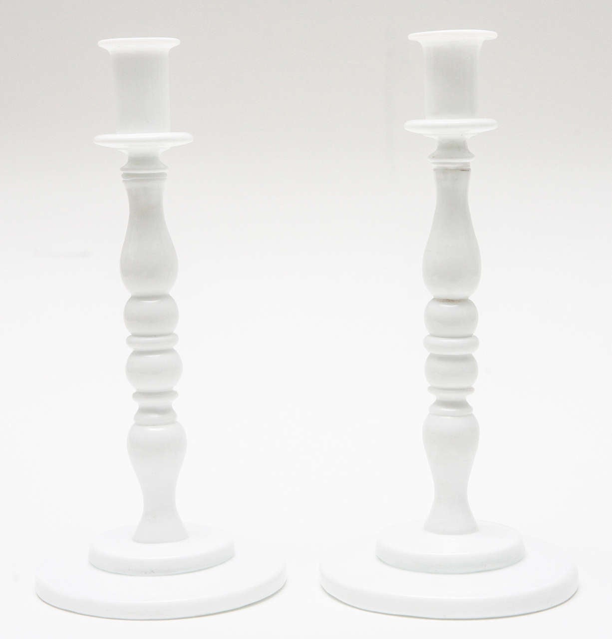 Pair of White Murano Glass Candlesticks by Venini