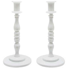 Pair of White Murano Glass Candlesticks by Venini