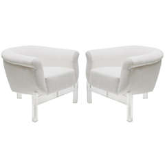 Chic Pair of Upolstered Chairs on Lucite Bases
