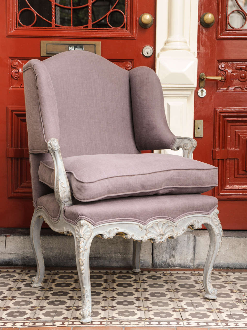 Grey patinated French Bergere, with lavender coloured fabrique