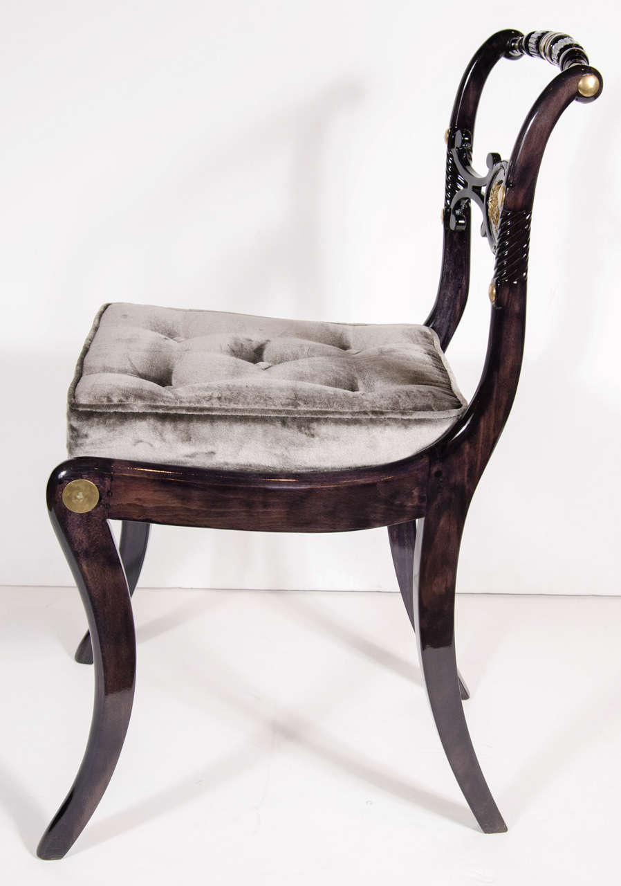 Ebonized Elegant 1940s Hollywood Side Chair with Gilt Brass Accents