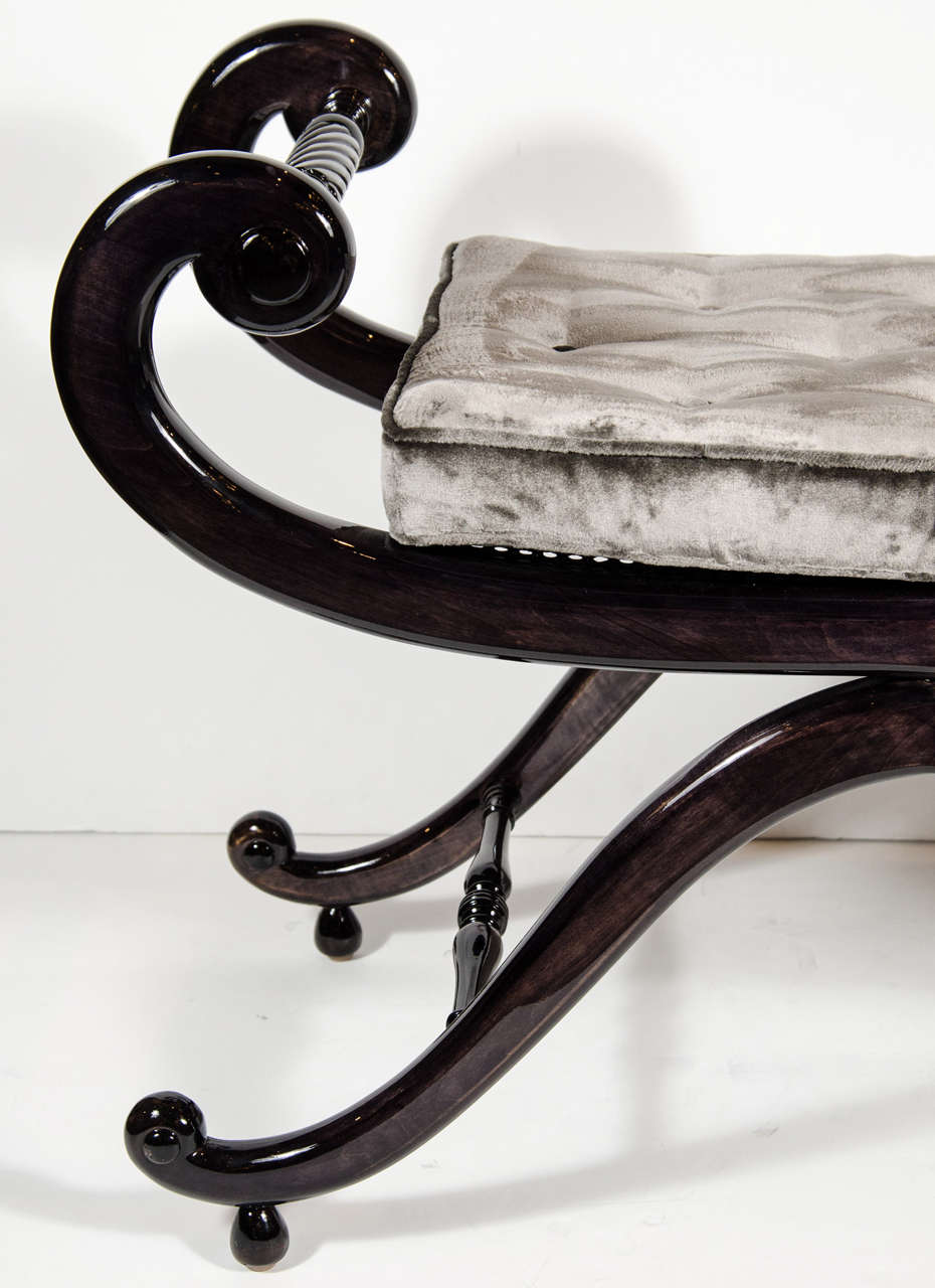 American Elegant 1940s Hollywood Sleigh Bench with Scroll Arm Design
