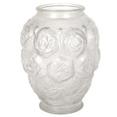 Elegant Art Deco Frosted Glass Vase with Stylized Rose Design