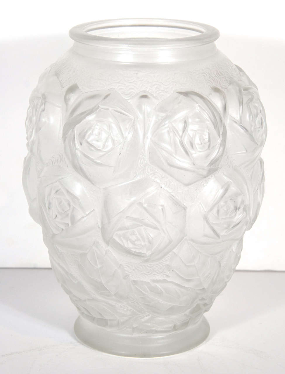 Elegant Art Deco Frosted Glass Vase with Stylized Rose Design at 1stdibs