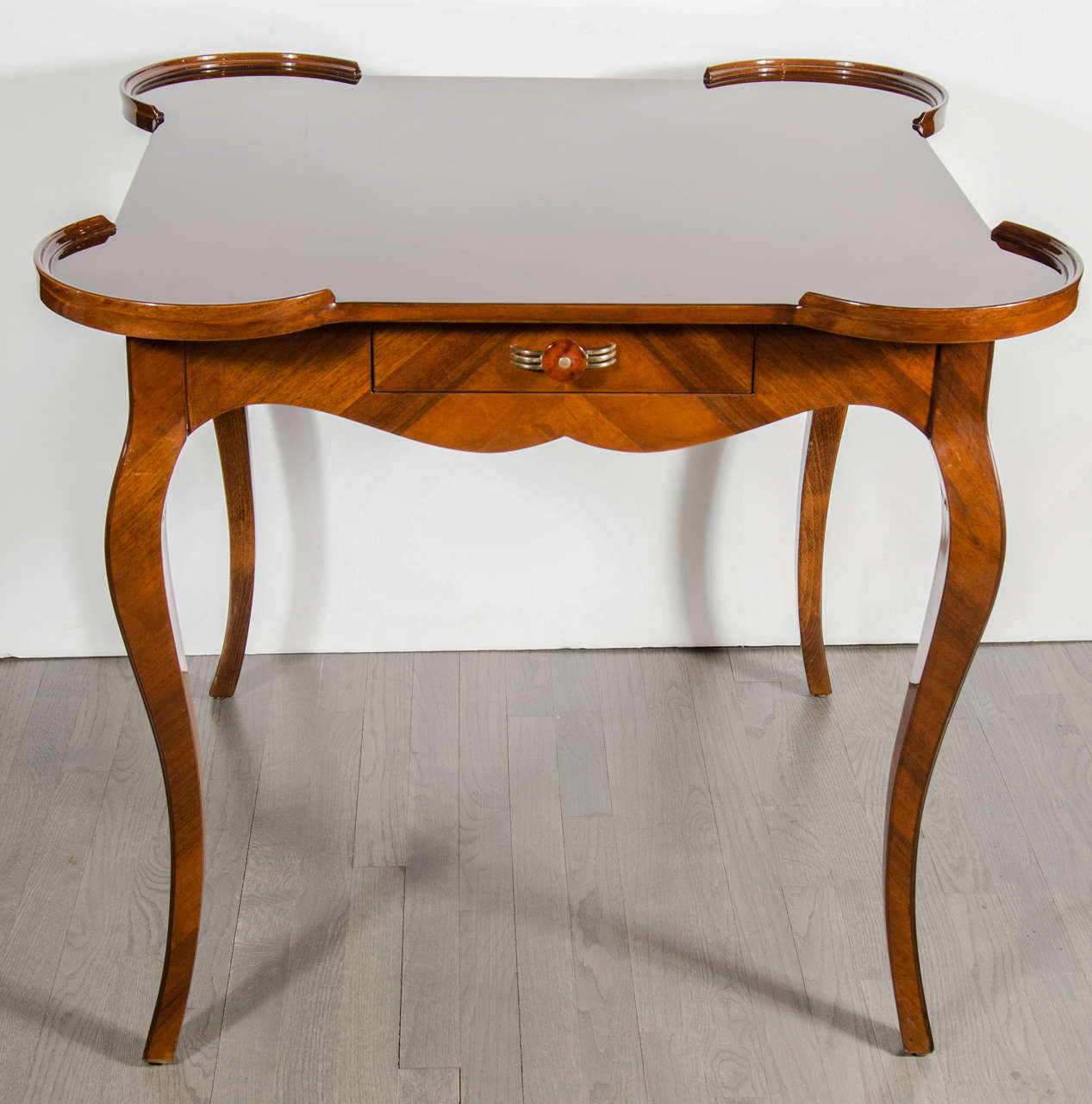  French Art Deco Game Table with Inlaid Exotic Burled Walnut Abstract Mosaic Top In Excellent Condition In New York, NY