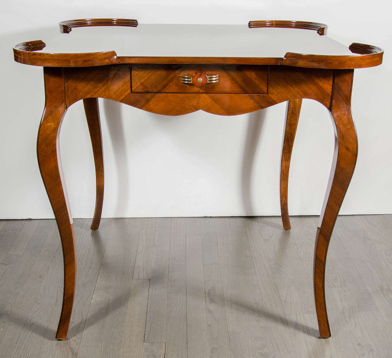 20th Century  French Art Deco Game Table with Inlaid Exotic Burled Walnut Abstract Mosaic Top