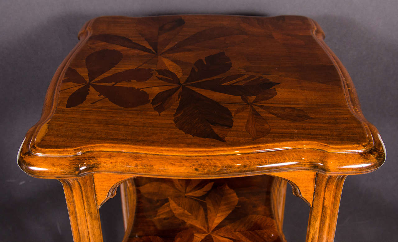 French Exquisite Art Nouveau Marquetry Table by Galle with Exotic Mahogany Inlay