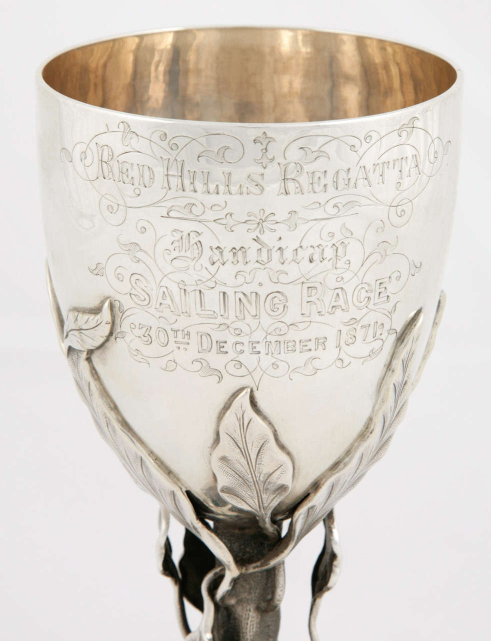 This very unusual silver goblet is Indian Colonial, made by Orr of Madras circa 1870. It is 17.4cms high and weighs 324gms.
There is engraving to either side, one with the initials of the presenter of the prize; and the other reading
