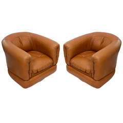 Pair of 1970s Brazilian Barrel Swivel Leather Chairs