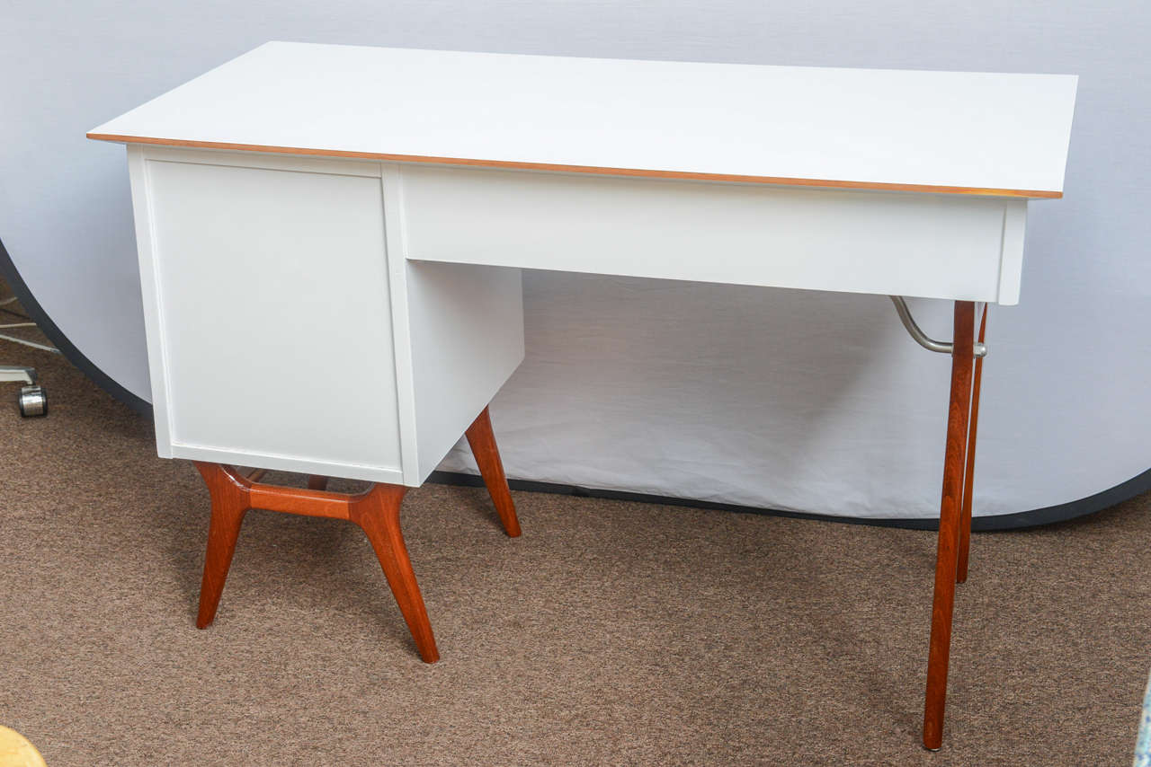 American Mid-Century Teak and White Lacquered Desk by R-Way