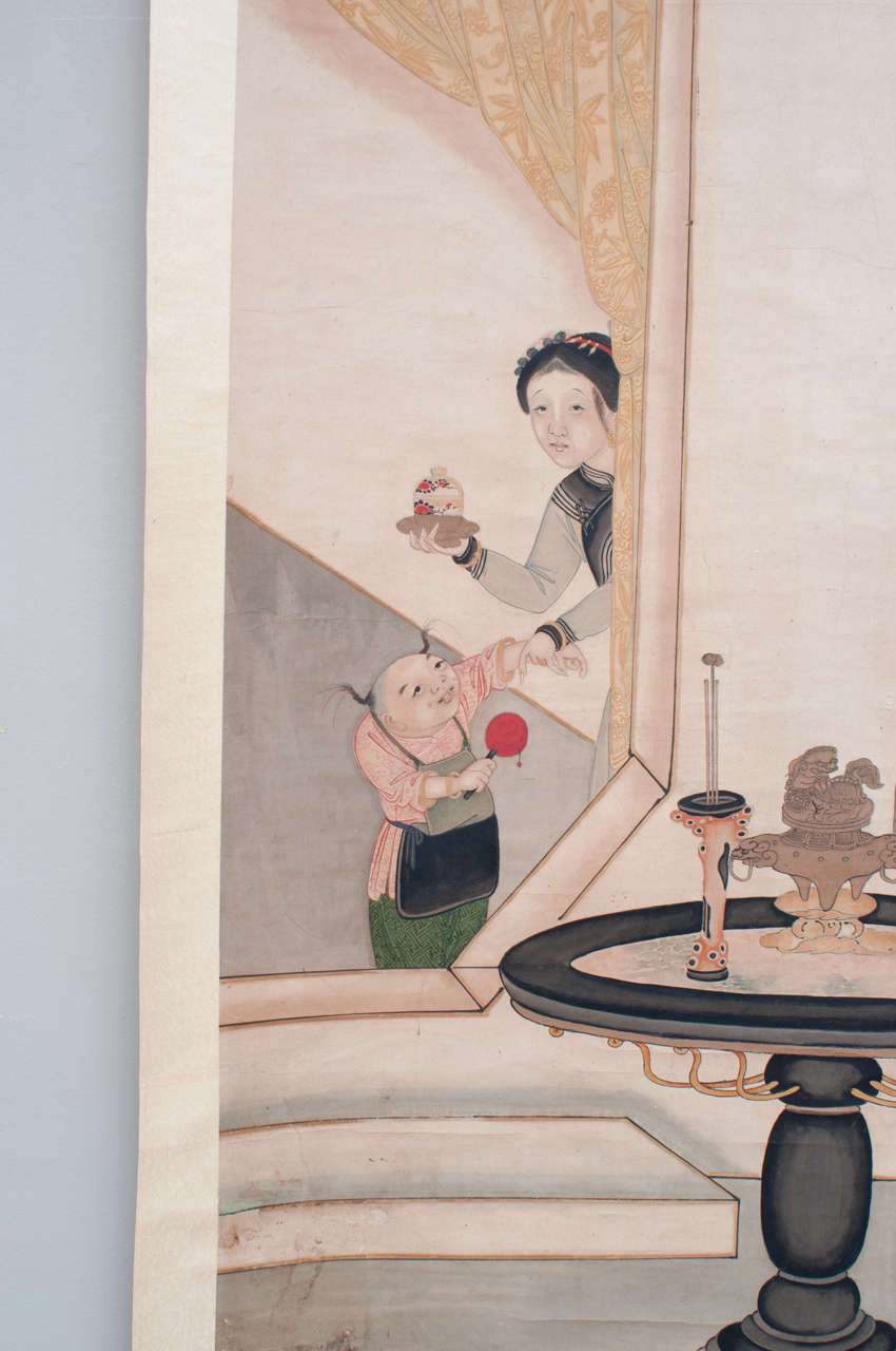 20th Century Chinese Hanging Scroll, Ink and Color on Paper For Sale