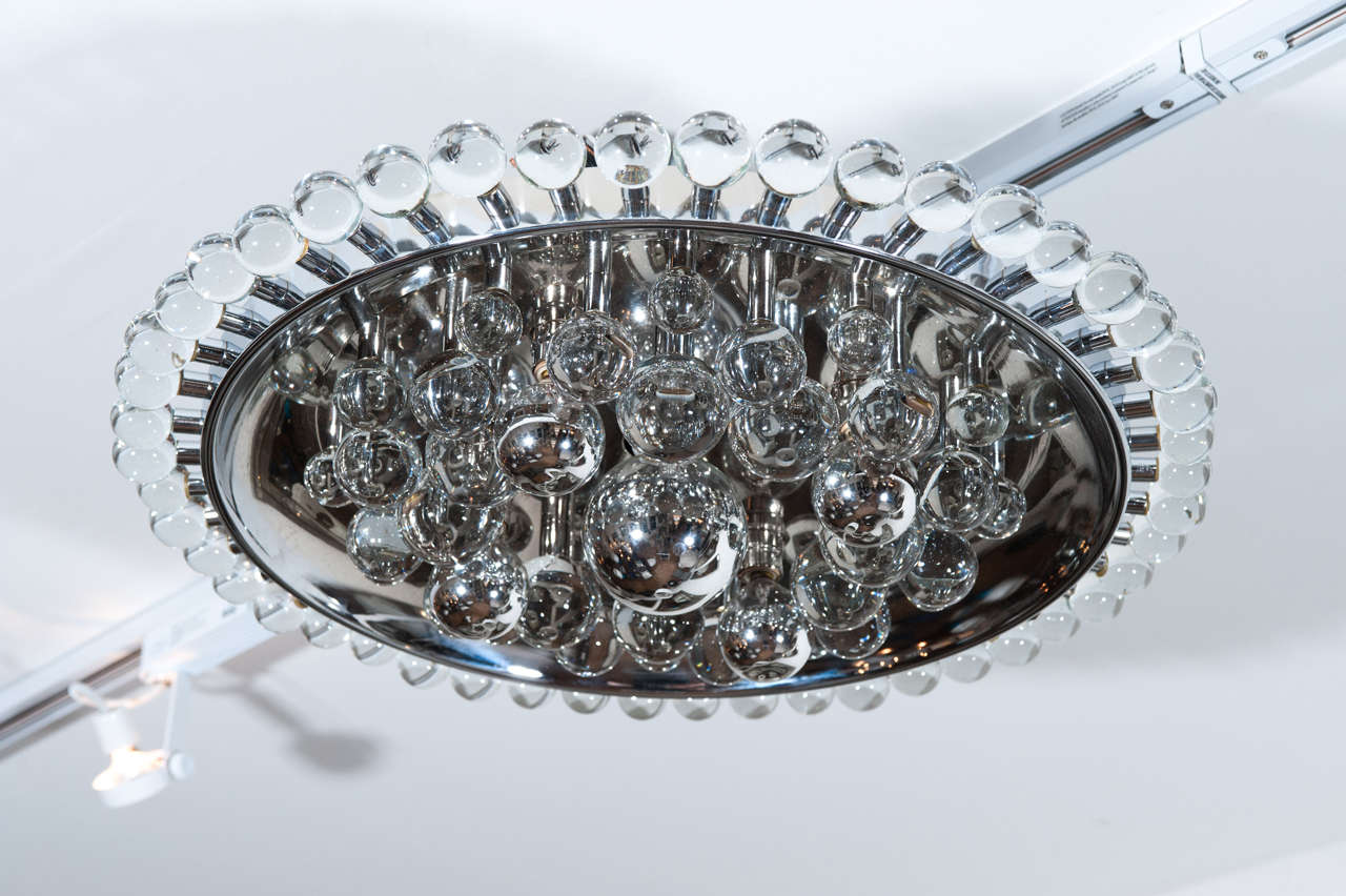 This spectacular five light multi
glass ball ceiling fixture has been cleaned, polished and rewired and ready to install. In the photo I have used silvered tip low watt bulbs to compliment the fixture. Bulbs included.