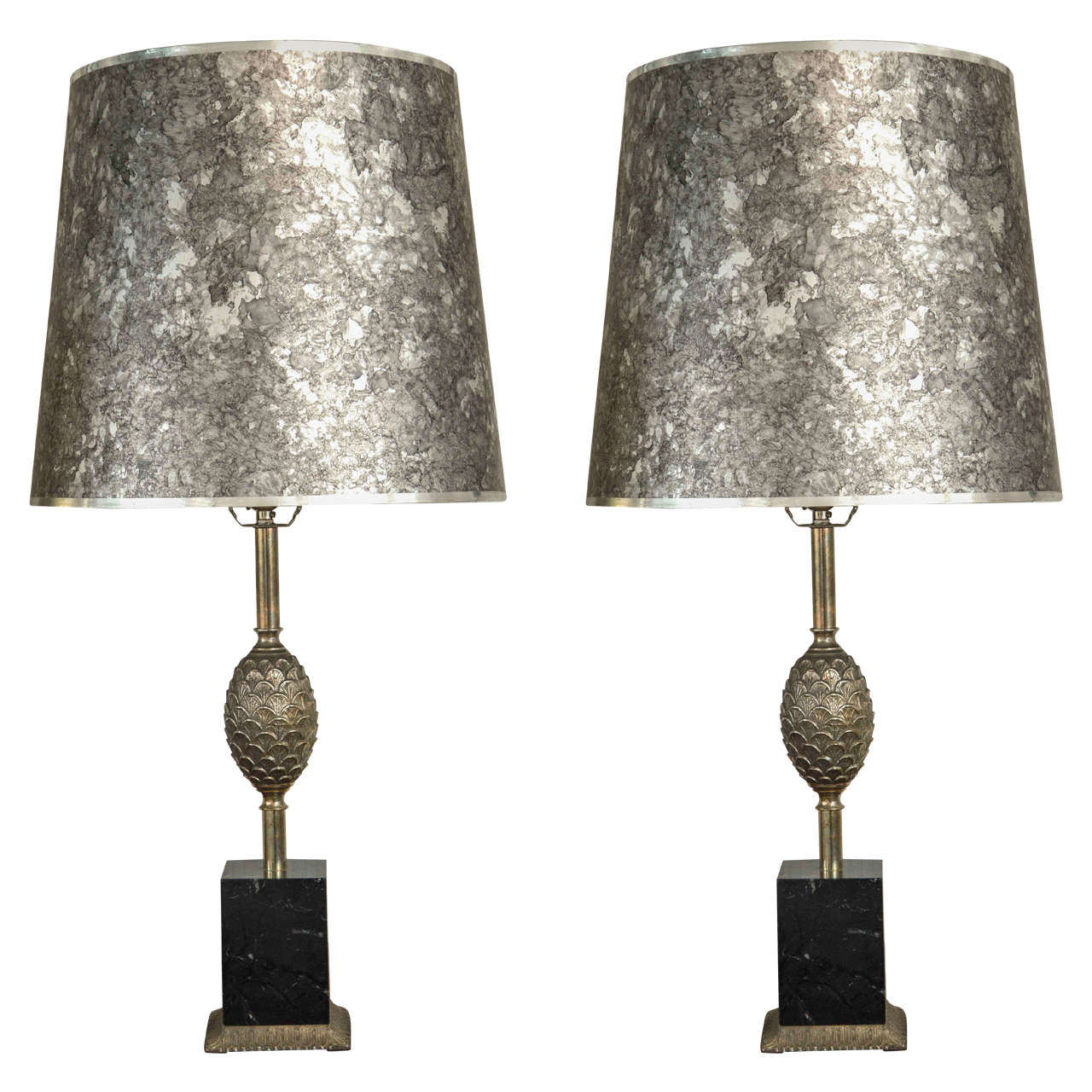 Pair of Silver Tone and Black Marble Lamps For Sale