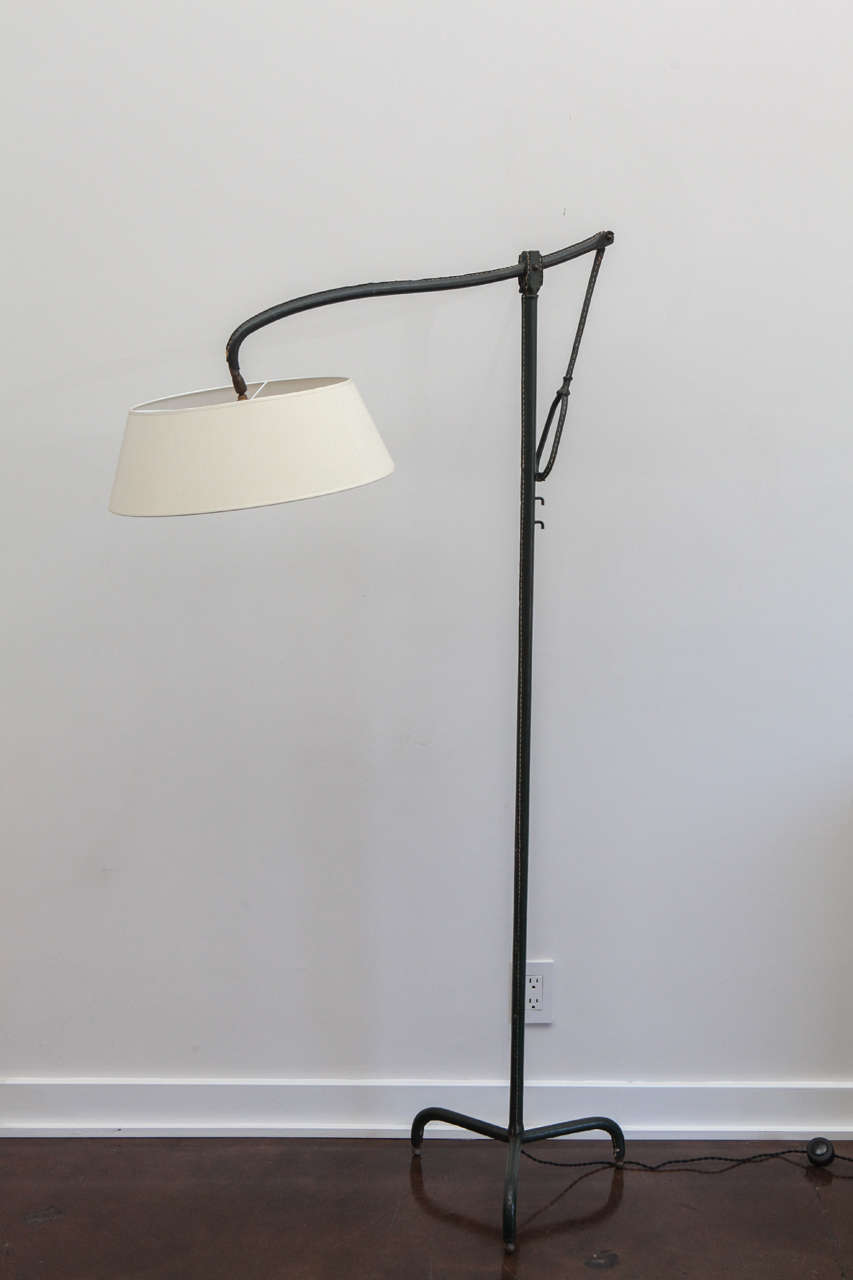 Vintage Jacques Adnet Floor Lamp in Green Stitched Hermes Leather