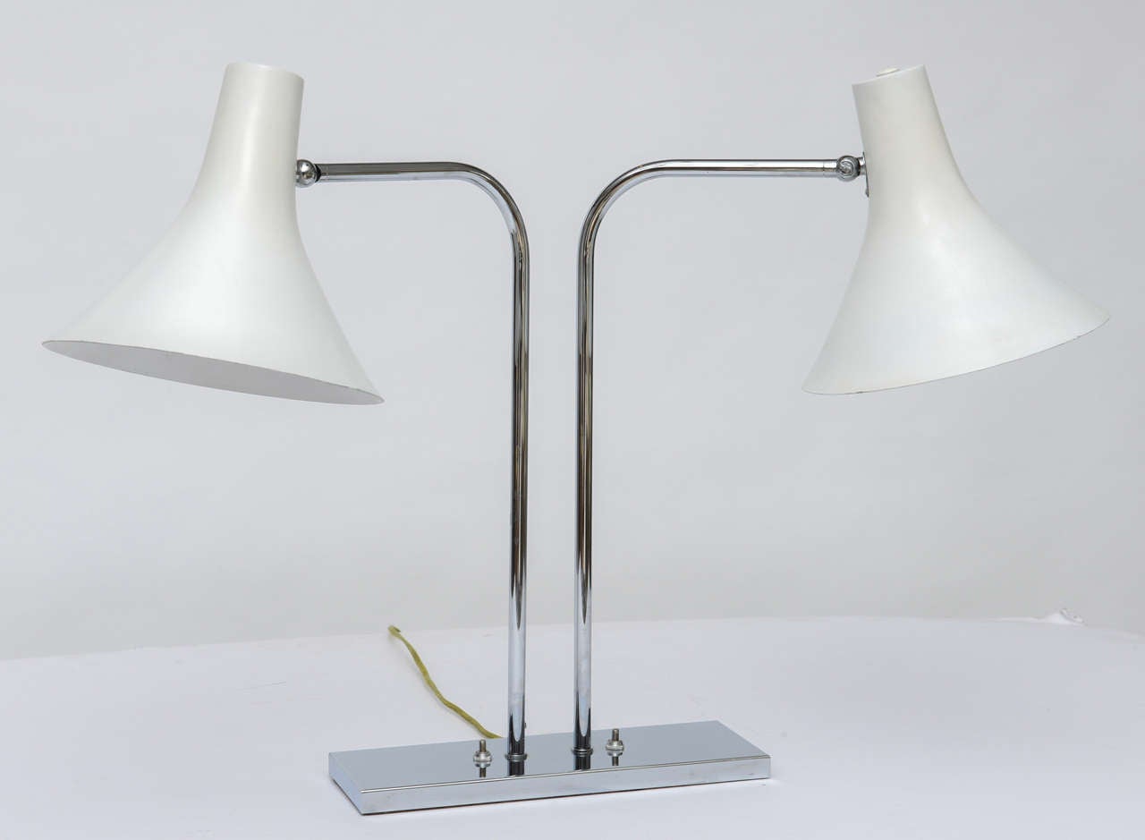 Mid-Century Modern 1960's Nessen Studios Polished Chrome and White Enamel Double Arm Desk Lamp