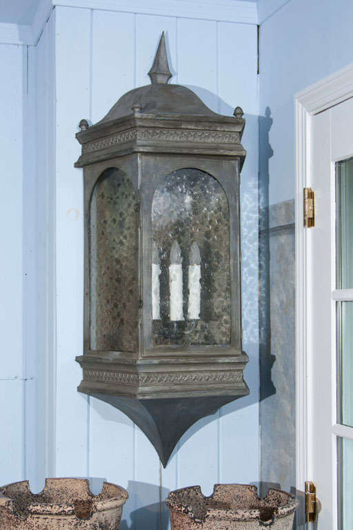 These exceptional, estate-sized pewter-finished copper lanterns came from a private house in the Hudson Valley and have been rewired and restored to perfection. At 4 feet high, they would make a grand statement on either side of your double front