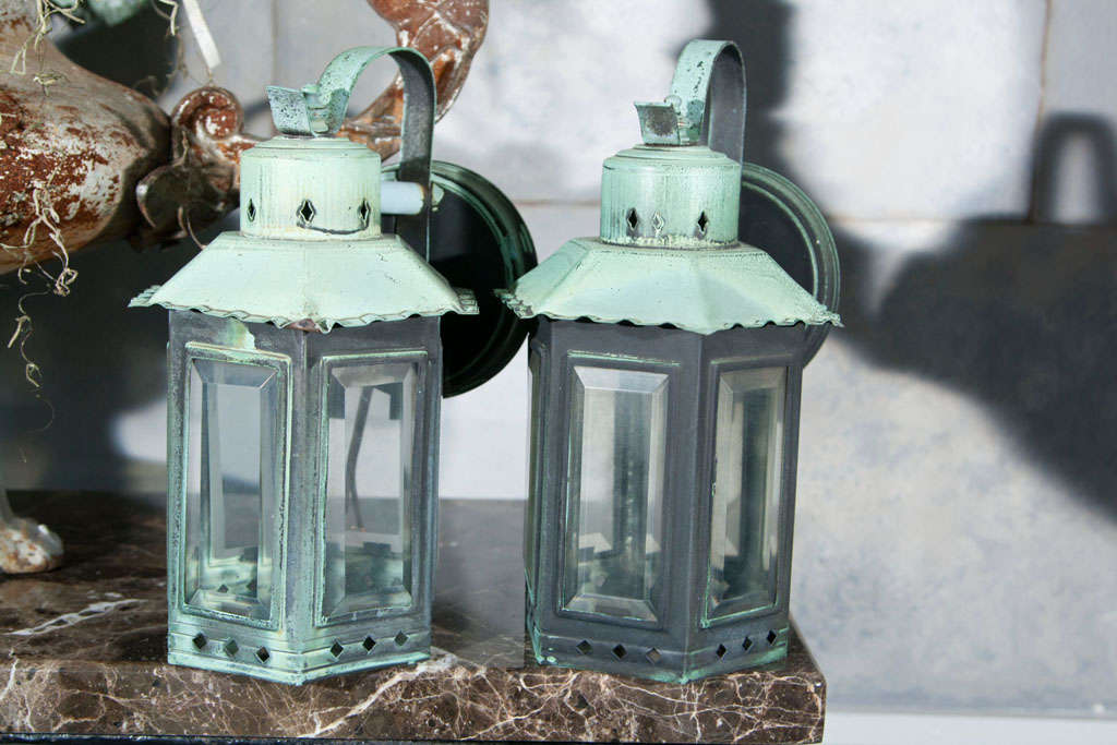 Charming Pair of Wall Mounted Copper Lanterns