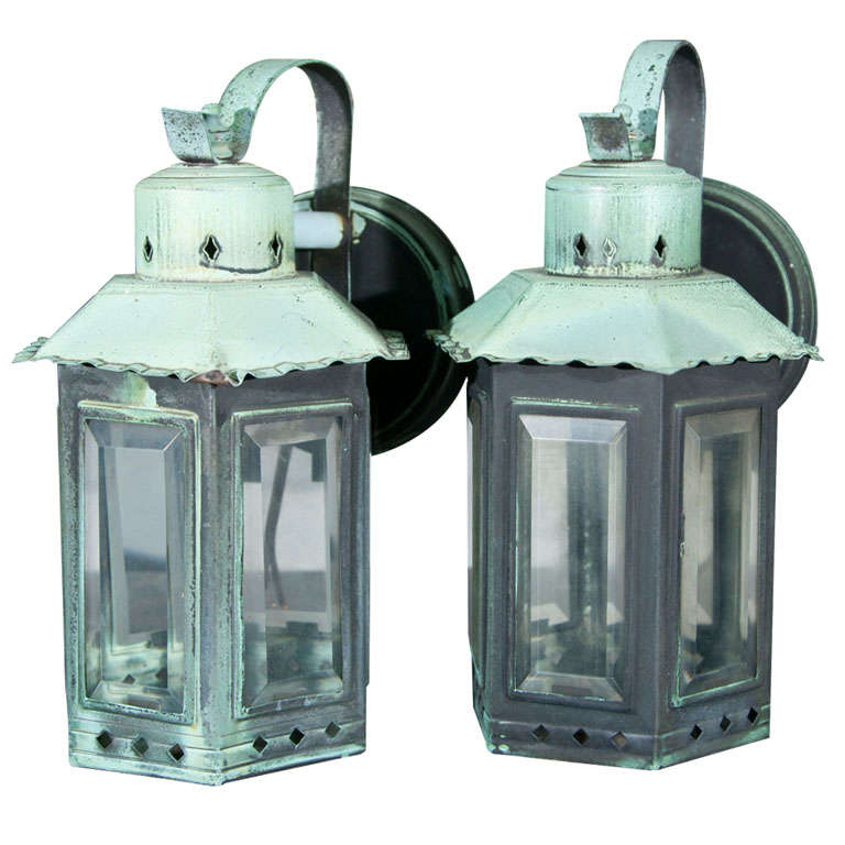 Charming Pair of Wall Mounted Copper Lanterns