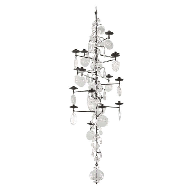 Erik Hoglund Blackened Iron and Pressed Glass Chandelier