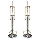 Pair of Large Chrome and Brass Faux Bamboo Lamps