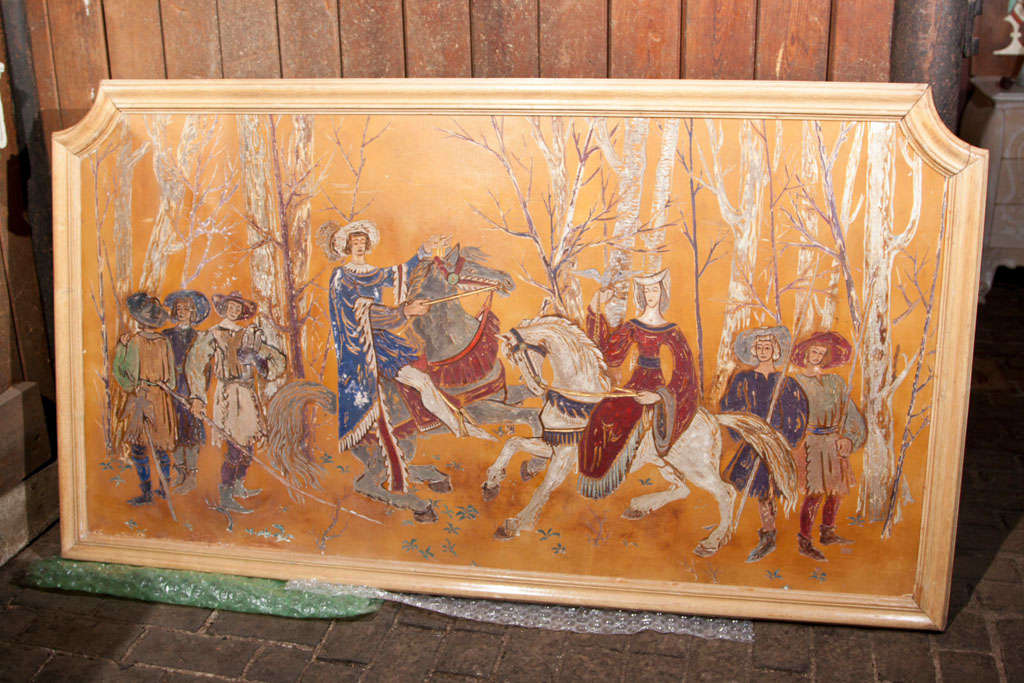 Storybook or medieval theme depicted on board with solid carved wood frame.