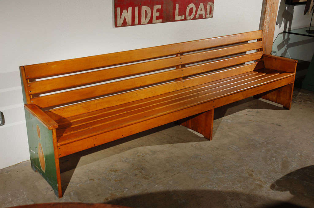 Carved 9.5' 1940's American Maple Bowling Alley Bench