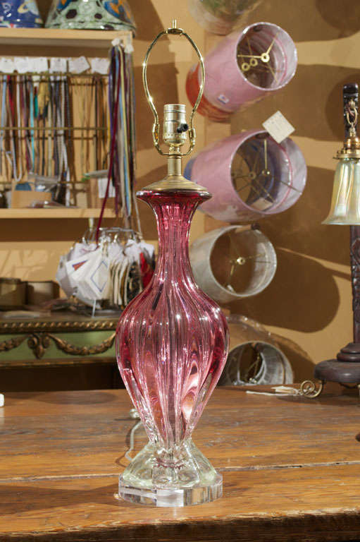 Solid Murano glass vase as table lamp.  Newly wired with acrylic base and brass fittings.  Vase circa 1960s.