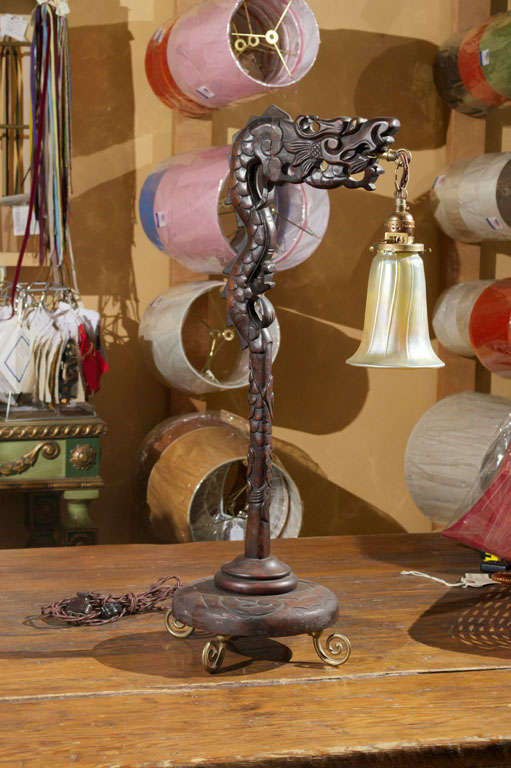 Antique Hand Carved Rosewood Dragon Lamp with Iridescent Shade