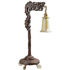 Antique Hand Carved Rosewood Dragon Lamp with Iridescent Shade