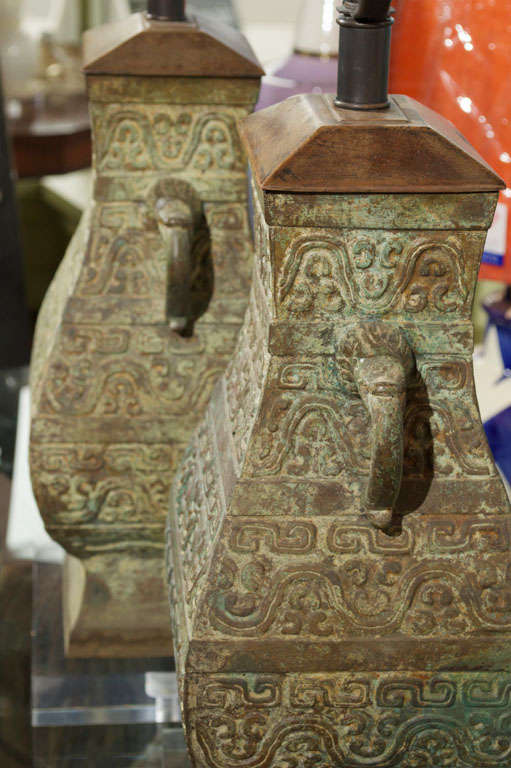 Pair, Antique Asian (Thai) Bronze Jars as Lamps 1