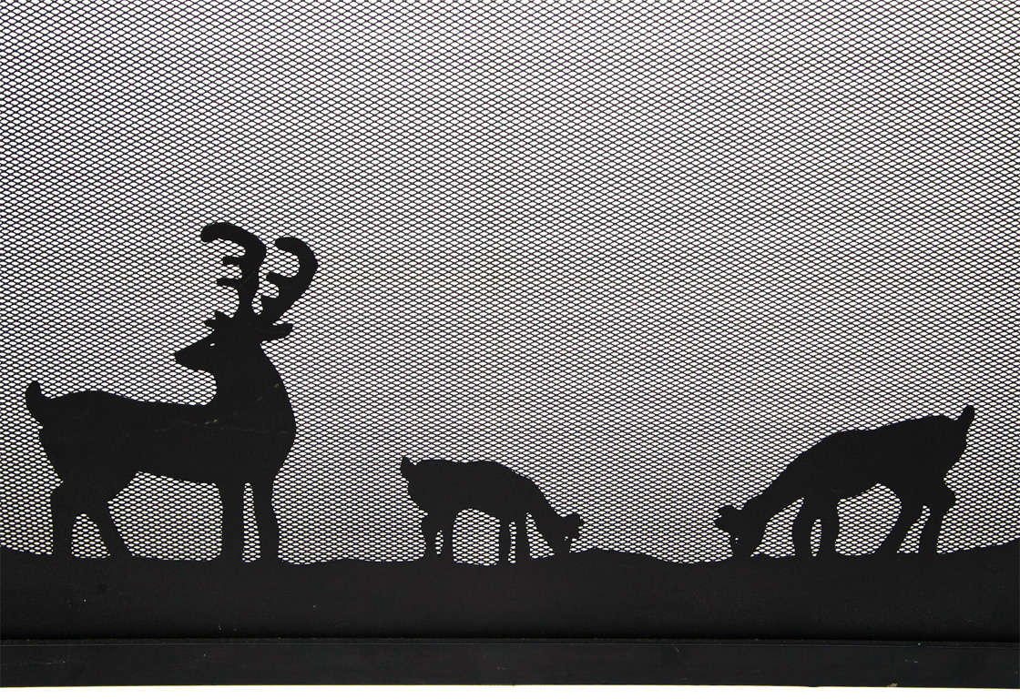 Three Part Folding Screen With Black Metal Mesh Framed In Black Metal- Piano Hinged And Handles- Hand Cut Out Metal Animals Behind Center Screen Mesh- 12