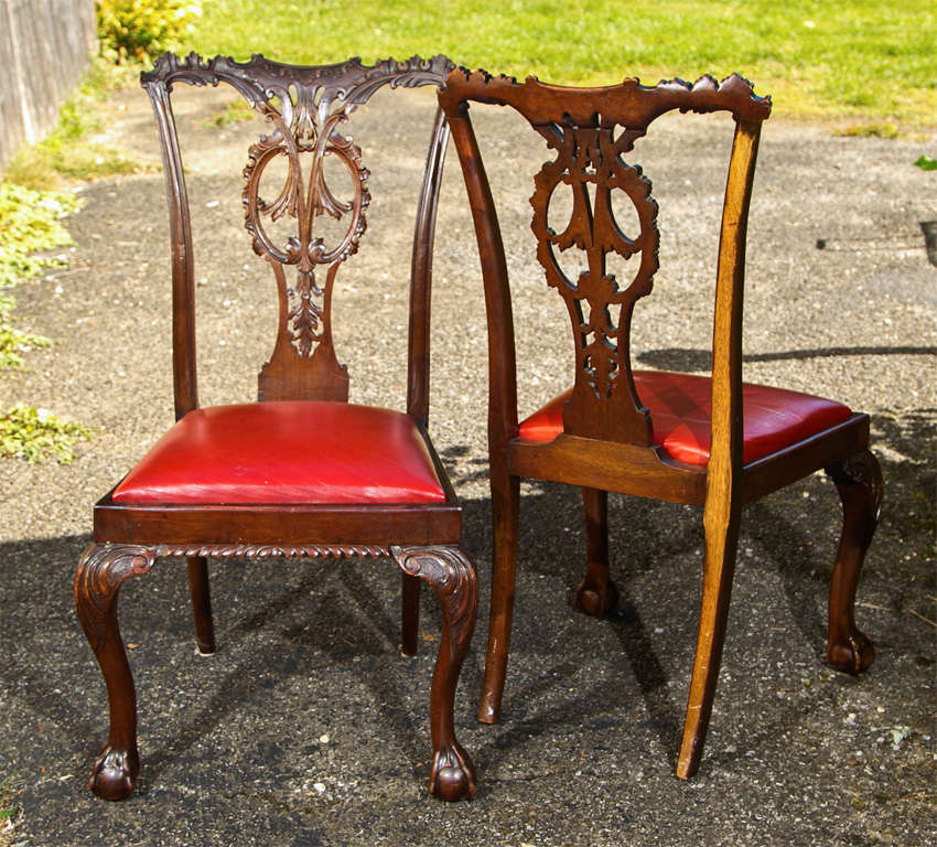 VICTORIAN REPRODUCTION OF CHIPPENDALE SIDE CHAIRS- MAHOGANY HAND
CARVED- LEATHER SLIP SEATS-