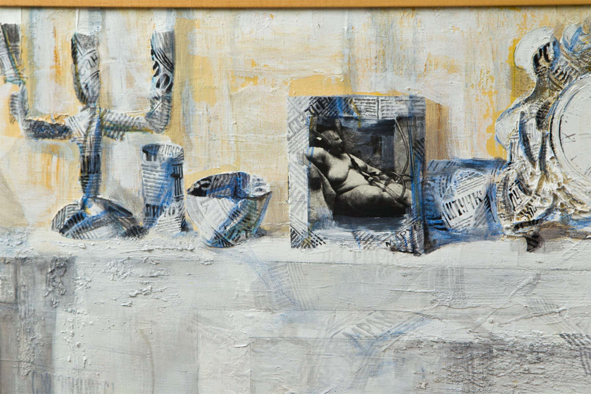 LARGE PAINTING OF MANTLE WALL WITH FIREPLACE BURNING AND DRYING GLOVES. ALL OBJECTS ARE WRAPPED IN NEWSPAPER. A RUSSIAN PAINTER
WHO WORKED AT A STUDIO IN PARIS