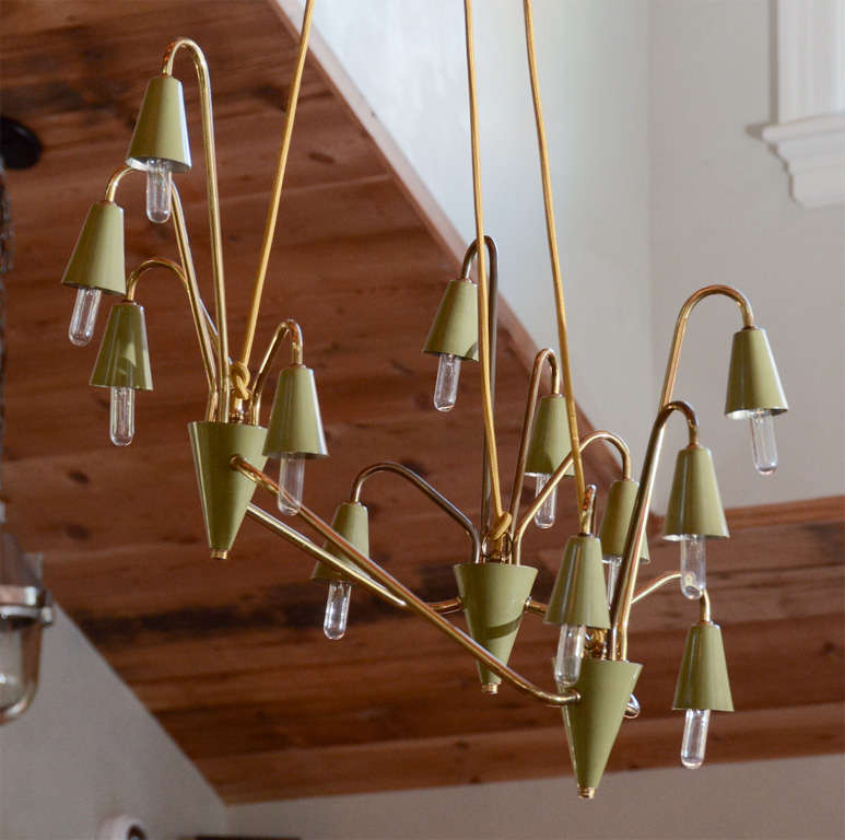 Very interesting Mid-Century Italian asymmetrical ceiling lamp with chartreuse enameled  shades