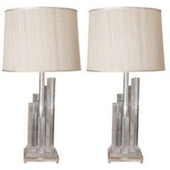 Pair of Lucite Staggered Column Lamps