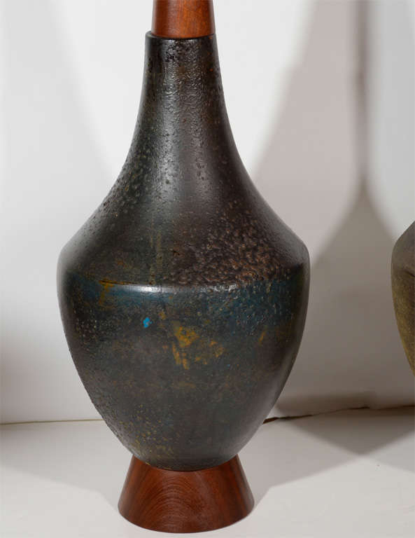 20th Century Pair of Modernist Raku Ceramic Pottery Lamps by Raymor