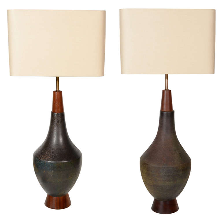 Pair of Modernist Raku Ceramic Pottery Lamps by Raymor