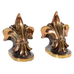 Pair of Fleur de Lis Crest Bookends in Cast Bronze and Brass