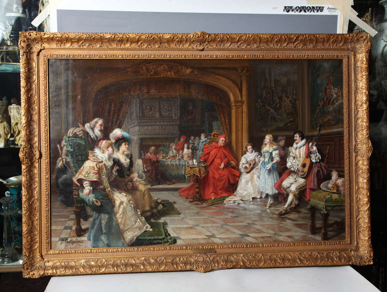 An exquisite framed oil on canvas 'The Cardinal's Court', a masterpiece by important 19th century. Genre and portrait painter Giuseppe Castiglione (1829-1908) who was celebrated in Paris salons and known for his emphasis on color and perspective.