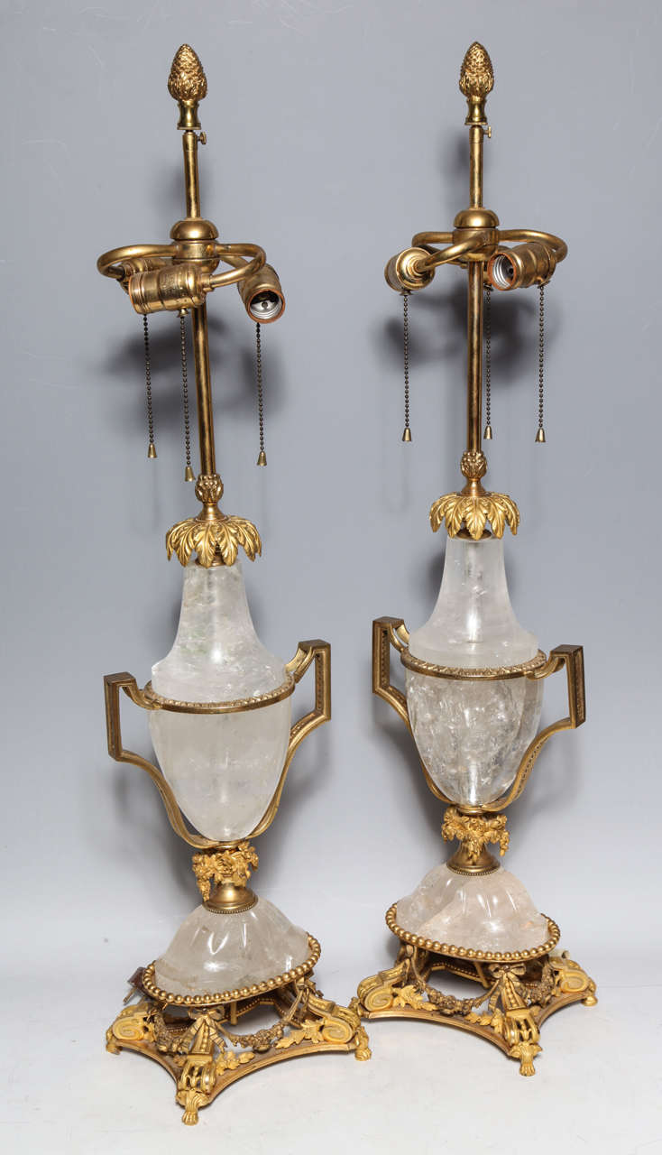 Pair of Unique Antique French Louis XVI Style Gilt Bronze & Rock Crystal Lamps In Good Condition In New York, NY