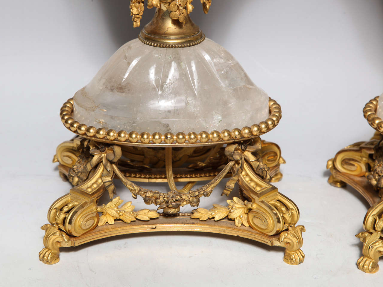 19th Century Pair of Unique Antique French Louis XVI Style Gilt Bronze & Rock Crystal Lamps